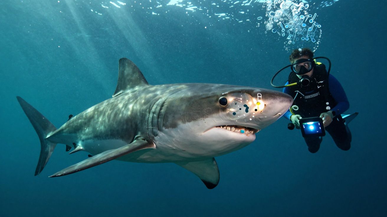 Mergulhador com equipamento a iluminar um grande tubarão branco em águas profundas.