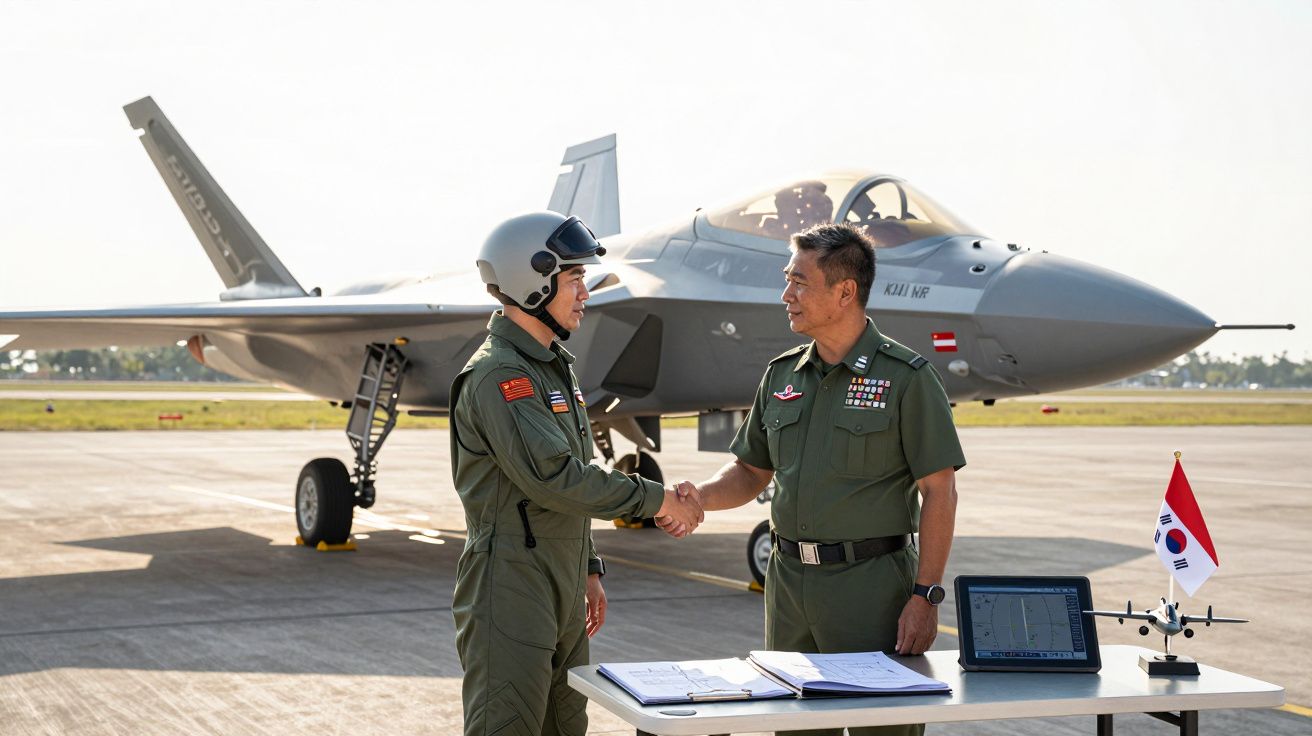 Dois militares asiáticos apertam as mãos junto a um caça F-35 numa pista de aeroporto ensolarada.
