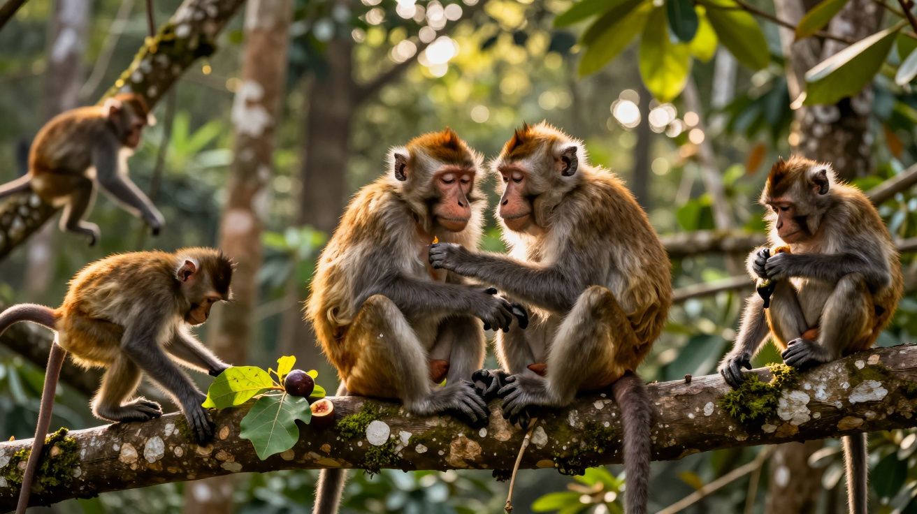 Grupo de macacos sentados e a interagir num ramo de árvore numa floresta.
