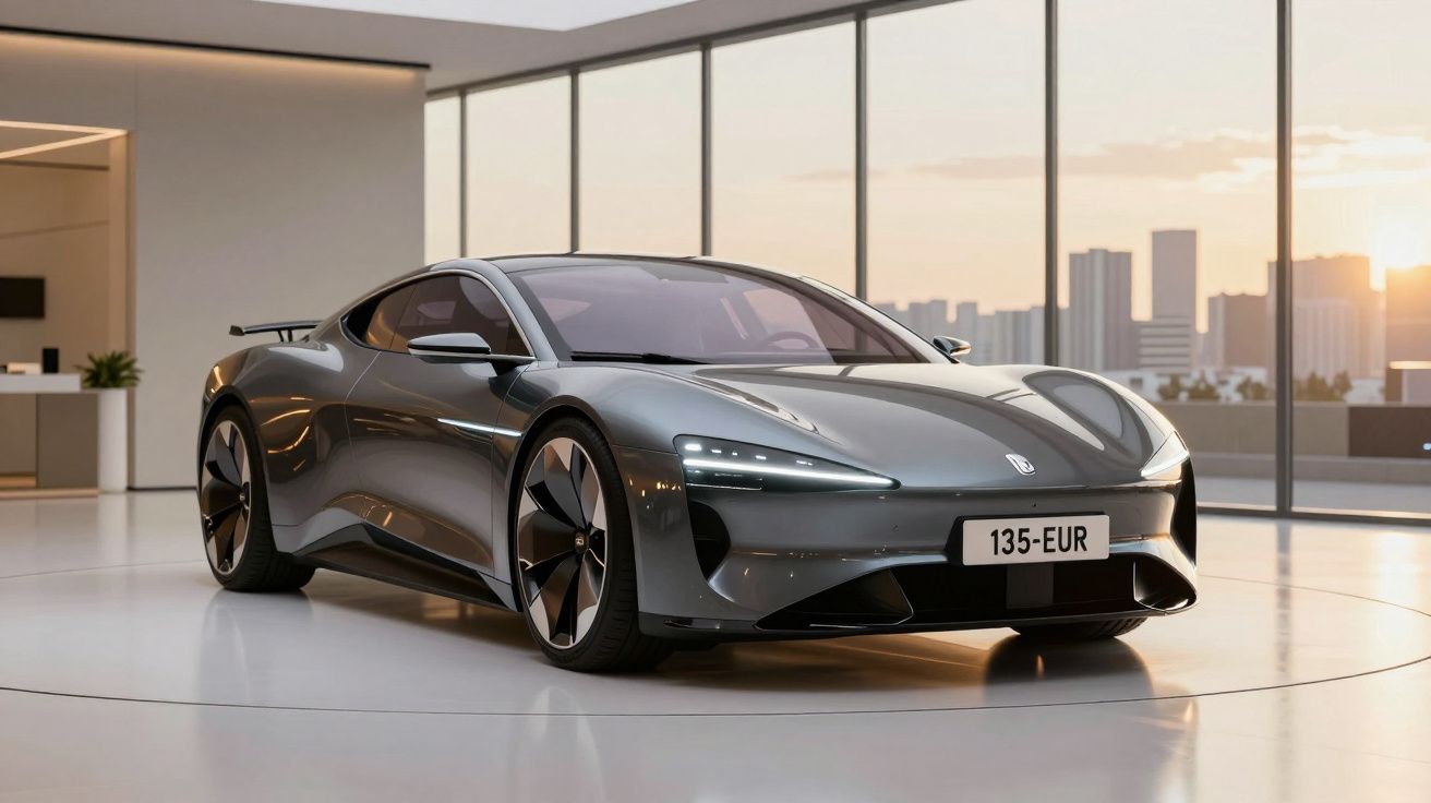 Carro desportivo elétrico cinzento com design futurista estacionado em espaço interior moderno.