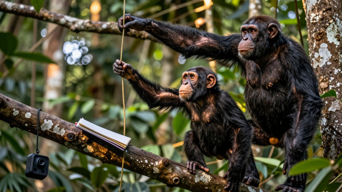Dois chimpanzés num galho, um adulto e um jovem, interagindo com um livro aberto e um cabo suspenso na floresta.