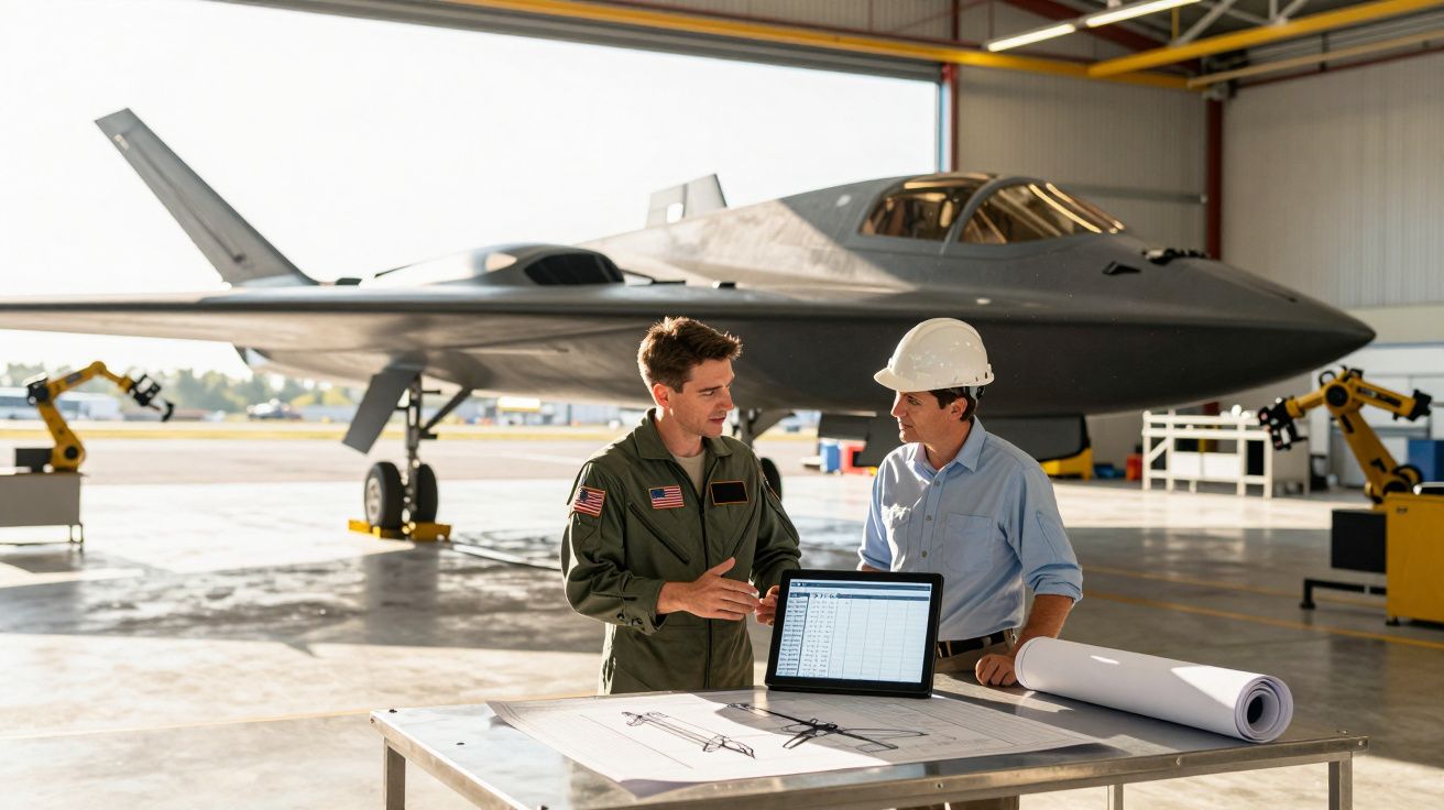Dois homens, um piloto e um engenheiro com capacete, discutem projetos ao lado de um avião militar numa hangar.