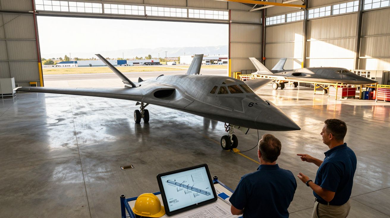 Dois técnicos analisam um avião futurista cinzento numa grande hangar de aviação.