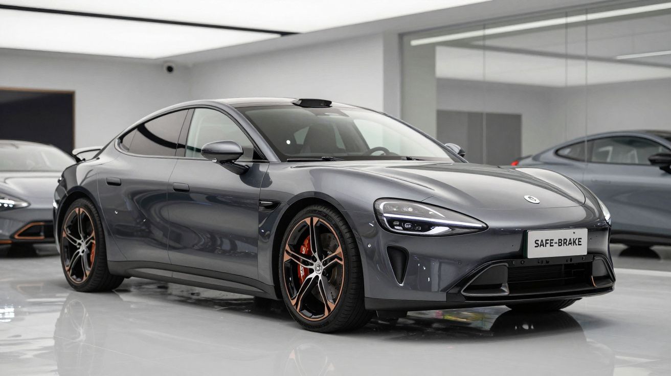 Carro desportivo cinzento escuro estacionado num salão moderno com piso brilhante e outras viaturas ao fundo.