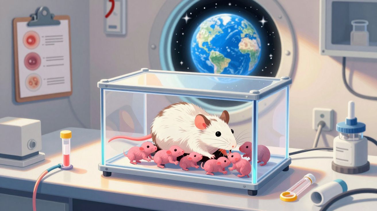 Rato branco e vários ratinhos cor-de-rosa dentro de um aquário num laboratório com a Terra visível na janela.