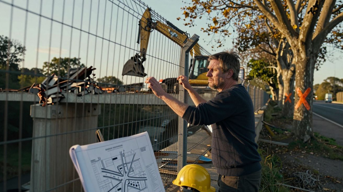 Homem observa obra de construção atrás de vedação metálica com capacete e planta no primeiro plano.