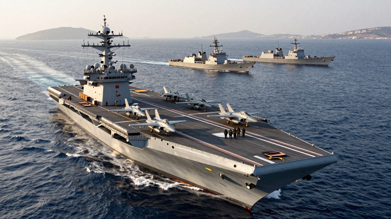 Porta-aviões com aviões de combate no convés acompanhado por dois navios de guerra no mar próximo à costa.