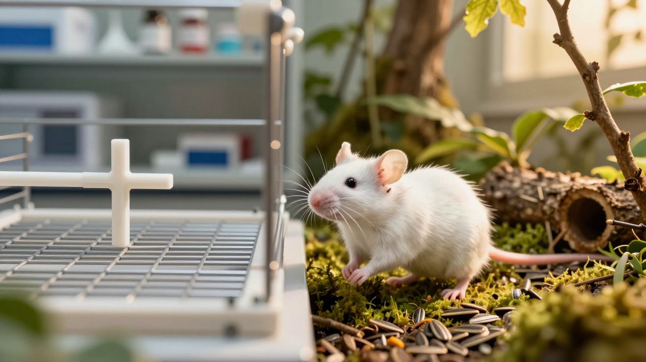 Rato branco junto a cruz dentro de uma gaiola, rodeado de plantas e sementes no chão.