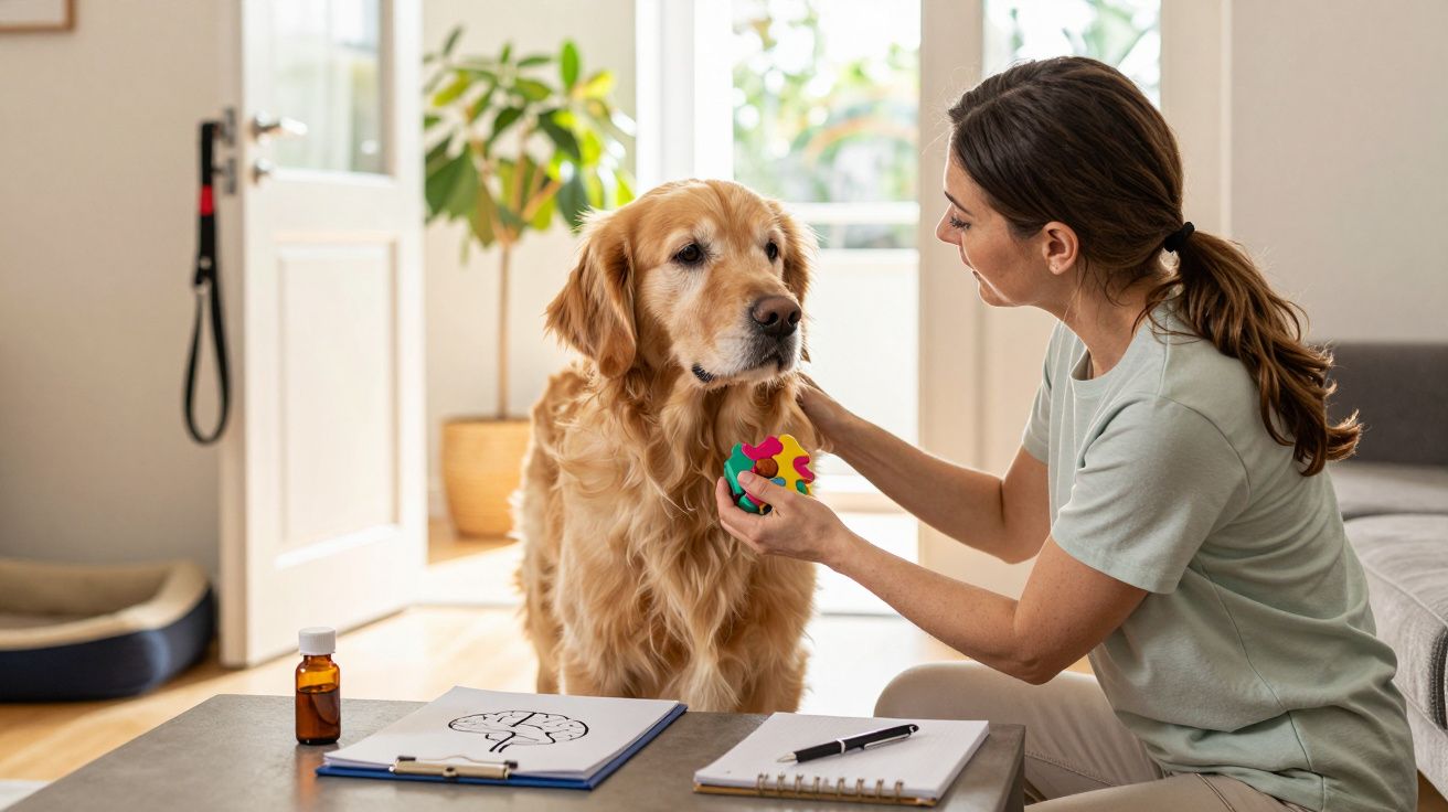 Mulher a realizar terapia com brinquedo colorido em cão Golden Retriever num consultório.