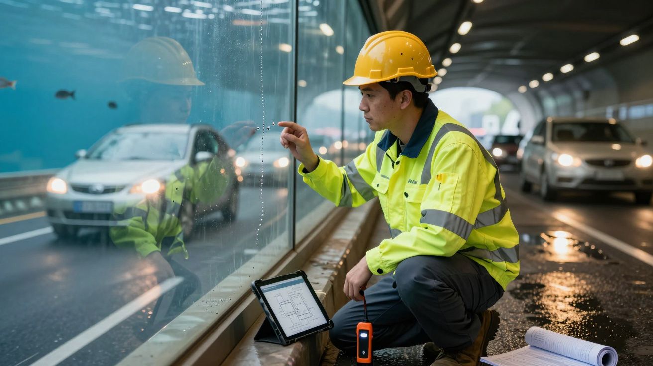 Técnico de segurança com capacete amarelo e colete refletor inspeciona vidro numa passagem de peões com carros a passar.