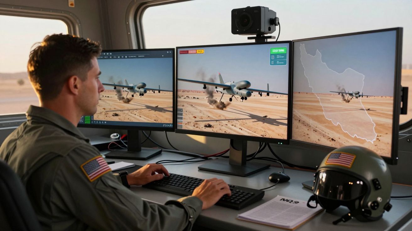 Homem em uniforme militar controla drones de guerra em três ecrãs no interior de uma base aérea.