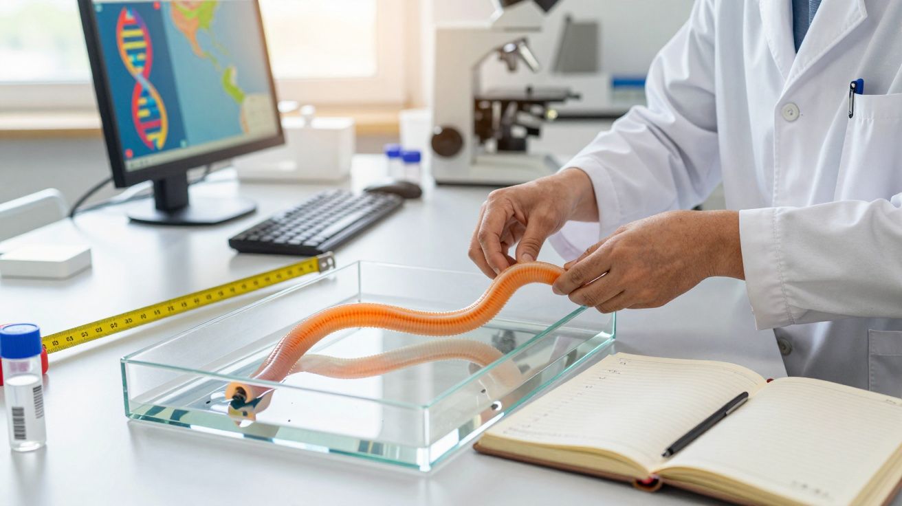 Cientista num laboratório a manusear um modelo de cobra sobre uma bandeja de vidro com água.