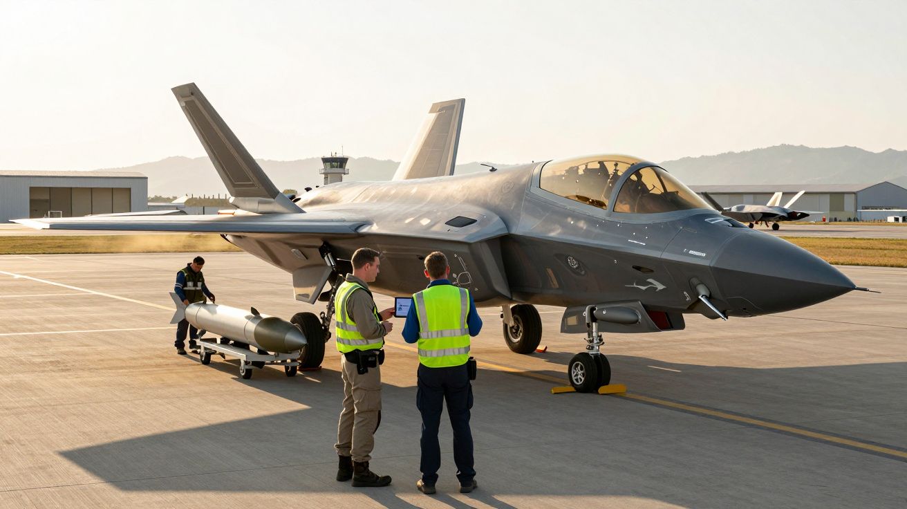 Caça furtivo no solo com dois técnicos a verificar equipamento e outro a transportar míssil num aeroporto militar.