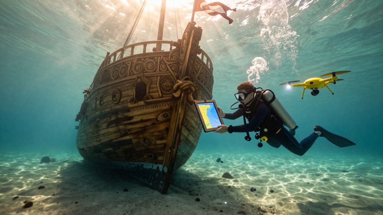 Mergulhador inspeciona naufrágio antigo com tablet, acompanhado por drone amarelo subaquático iluminado.