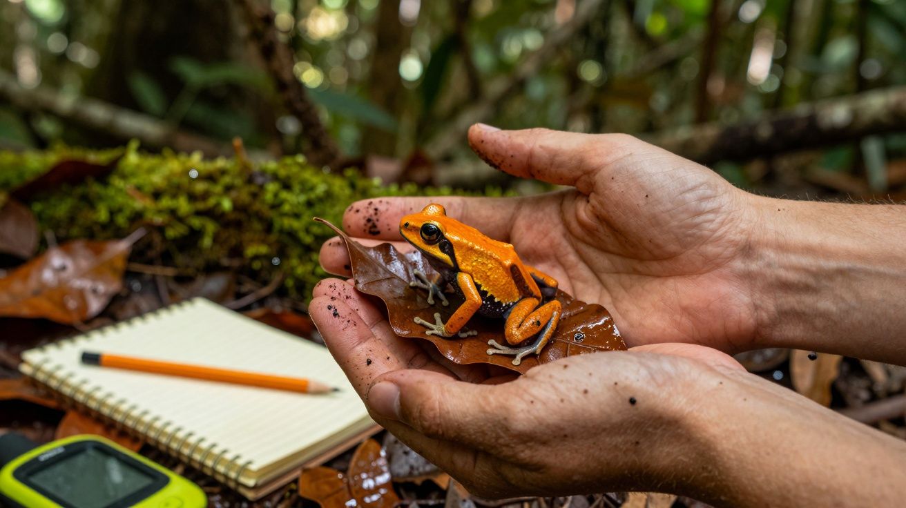 Mãos seguram rã laranja sobre folha seca na floresta, com bloco de notas e lápis ao fundo.