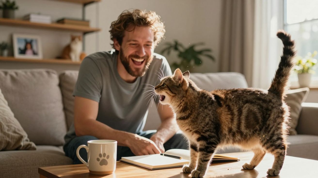 Homem sorridente sentado no sofá interagindo com um gato que está em cima da mesa de madeira.