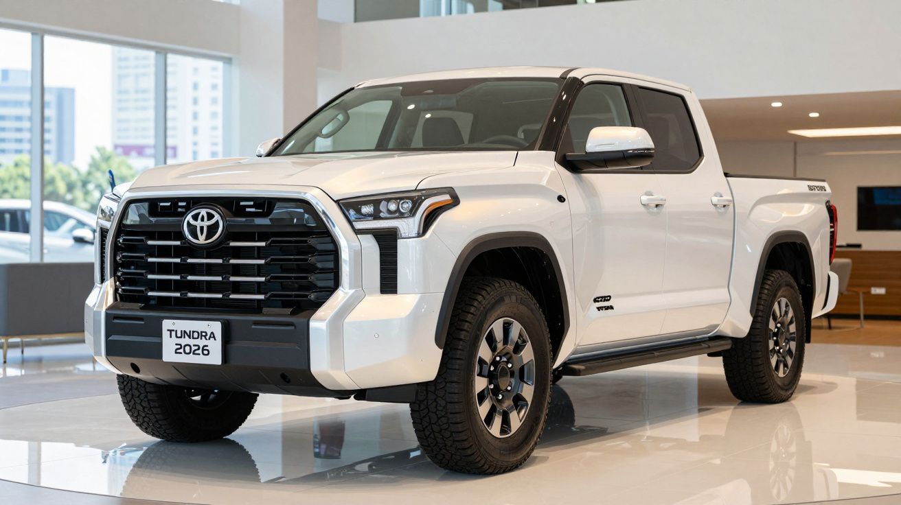 Picape branca Toyota Tundra 2026 exposta em salão moderno e luminoso.