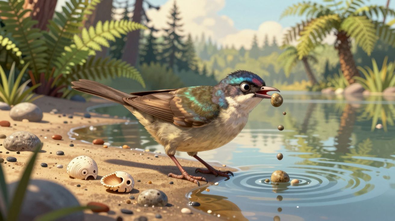 Pássaro colorido junto a lago recolhe pequenas pedras, com conchas e vegetação à beira da água espelhada.