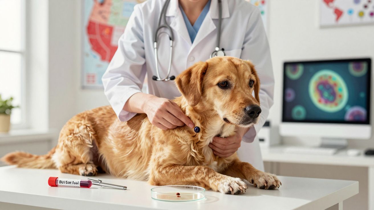 Veterinária examina um cão dourado numa mesa clínica com material de laboratório ao lado.