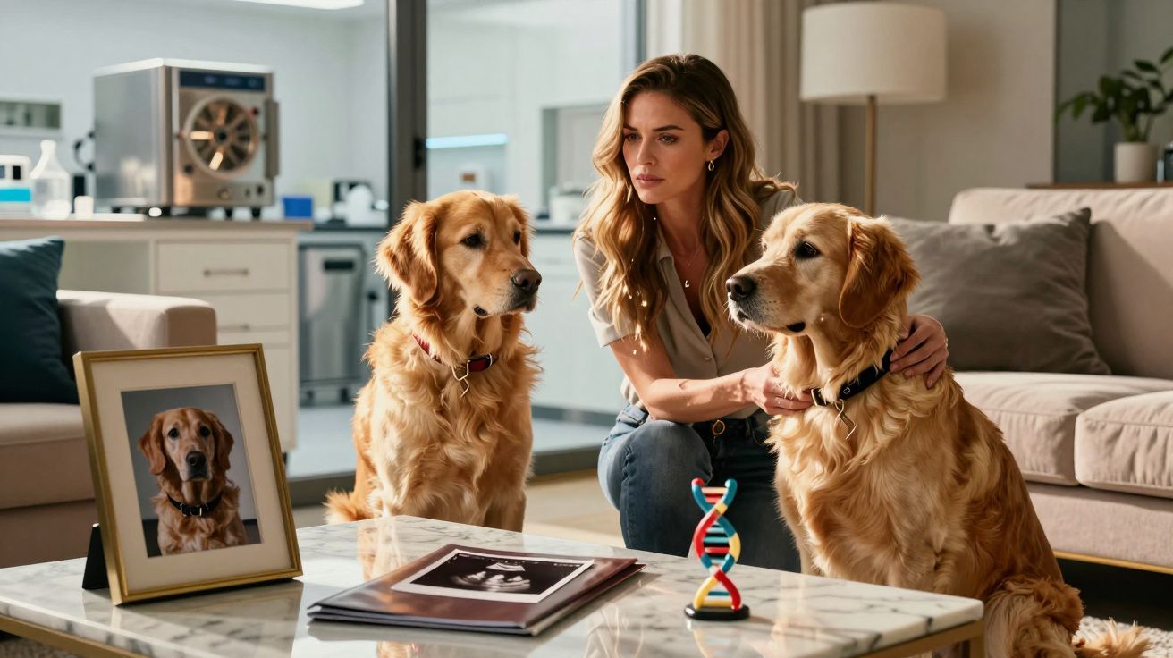 Mulher sentada no sofá com dois cães golden retriever num ambiente moderno de casa.