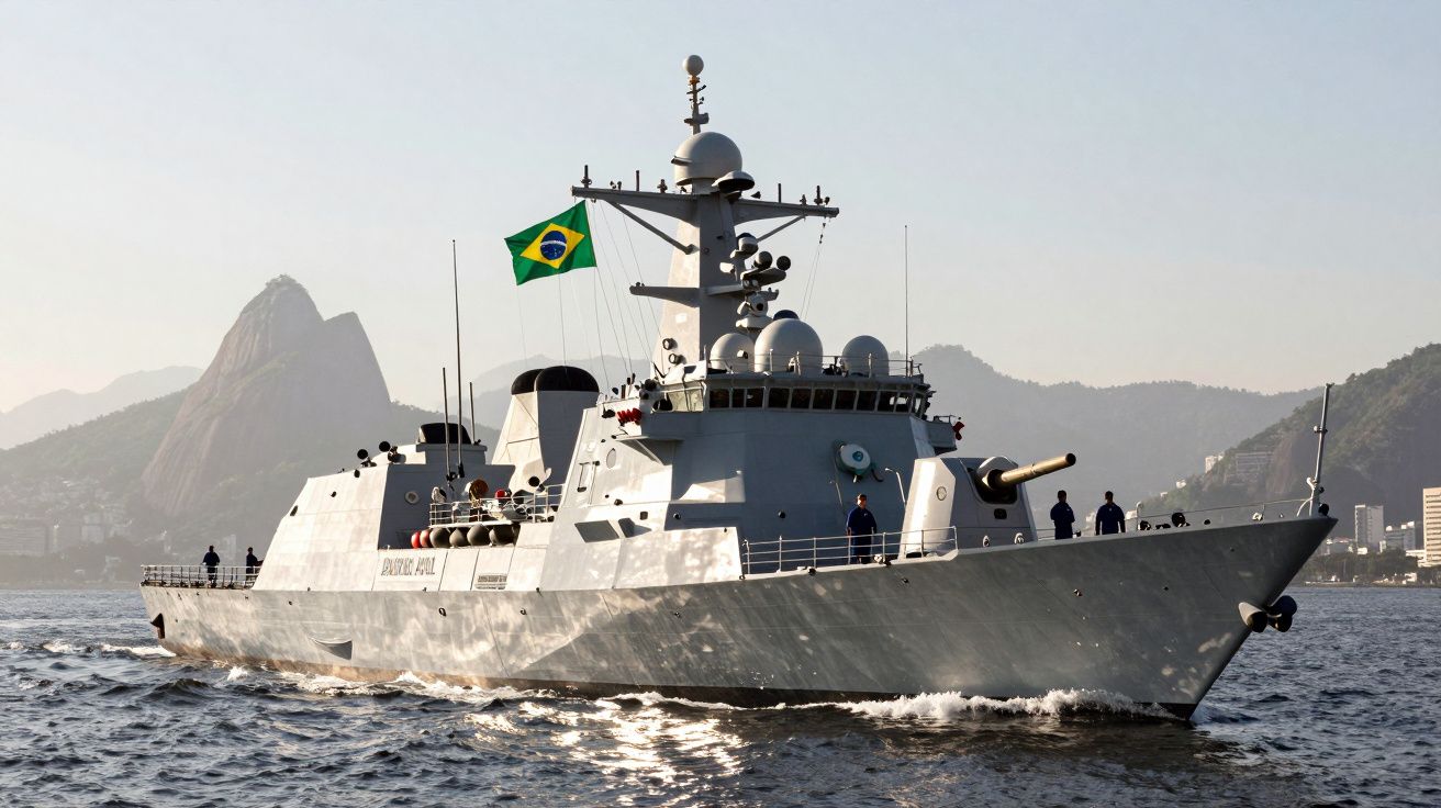 Navio de guerra brasileiro a navegar com montanhas e cidade ao fundo, sob céu claro.