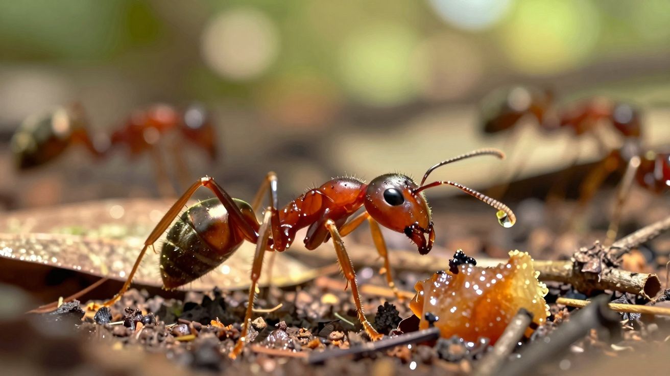 Formiga vermelha com gota de água na antena junto a resíduo de alimento no chão com folhas e terra.