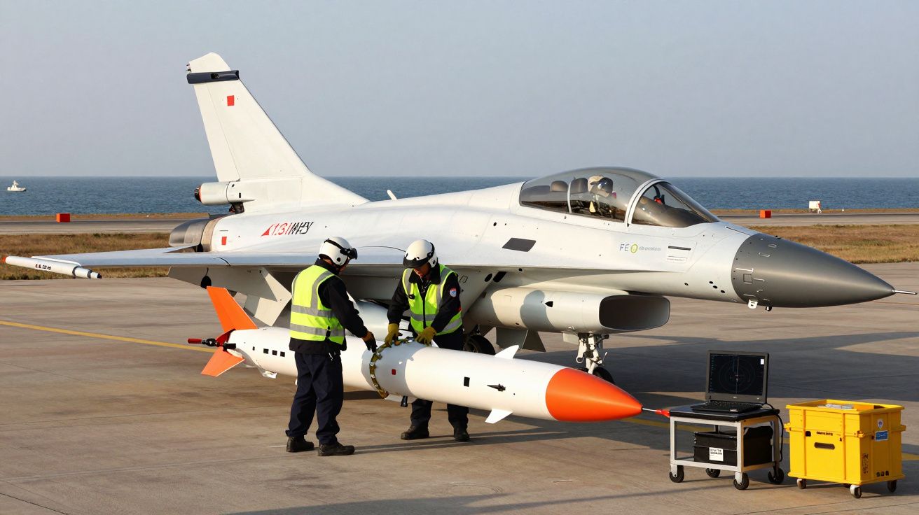 Dois técnicos preparam míssil perto de jato militar branco na pista junto ao mar ao pôr do sol.