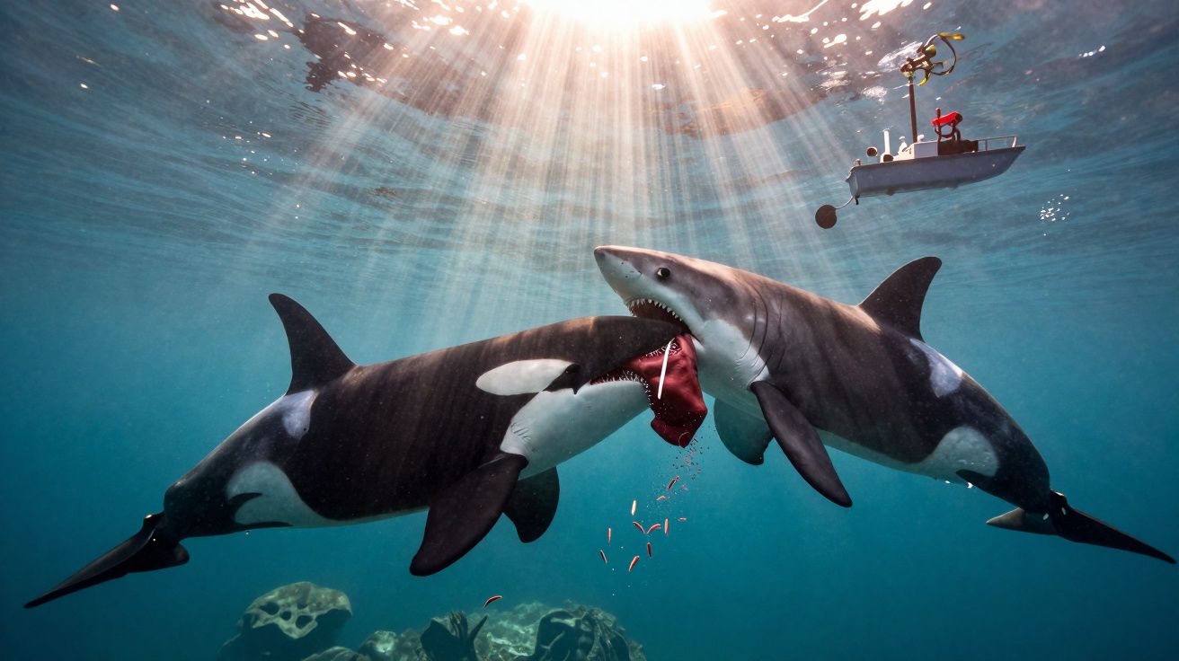 Orca e tubarão com presa a meio da boca, luz do sol atravessando a água, perto de um drone aquático.