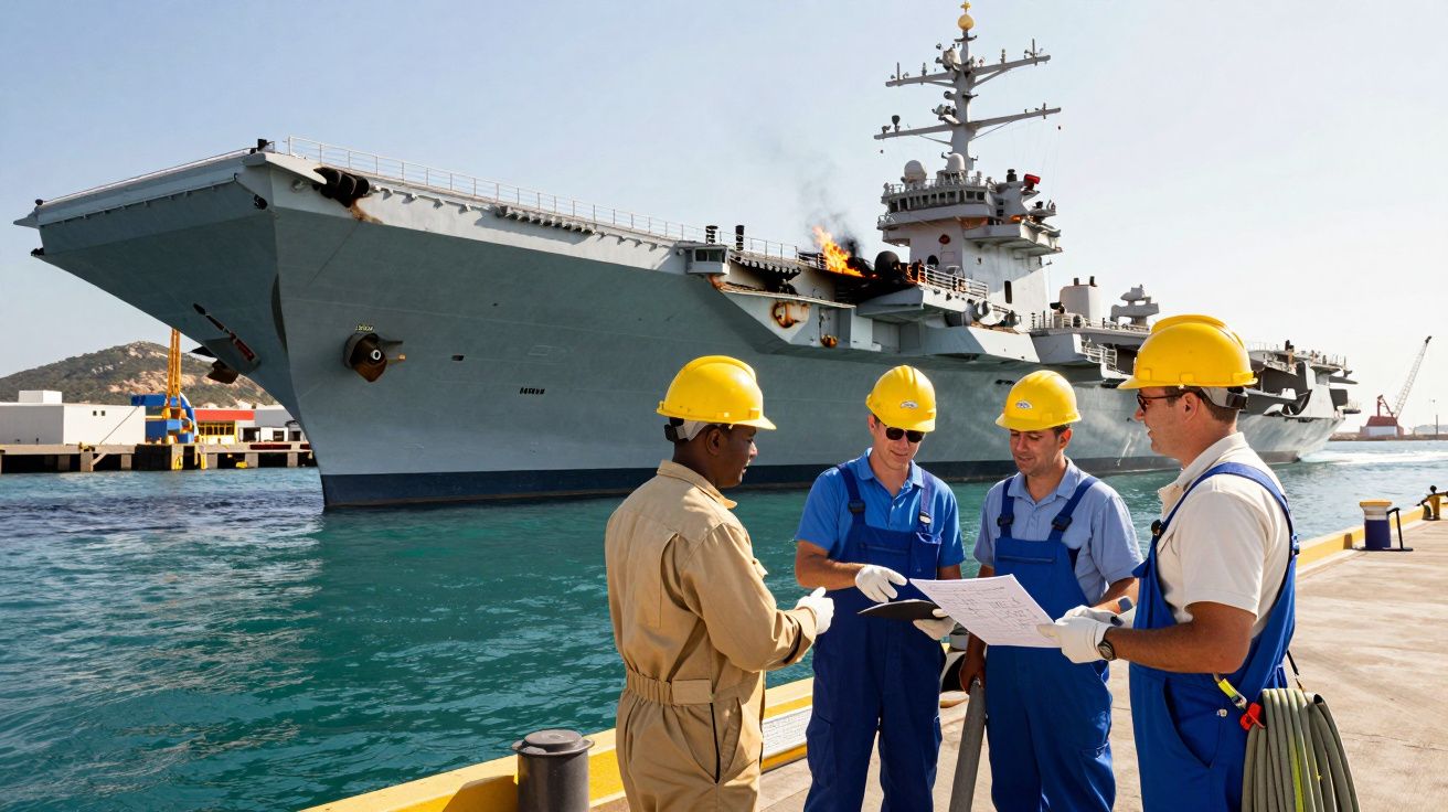 Quatro trabalhadores com capacetes discutem documentos ao lado de um grande porta-aviões ancorado no porto.