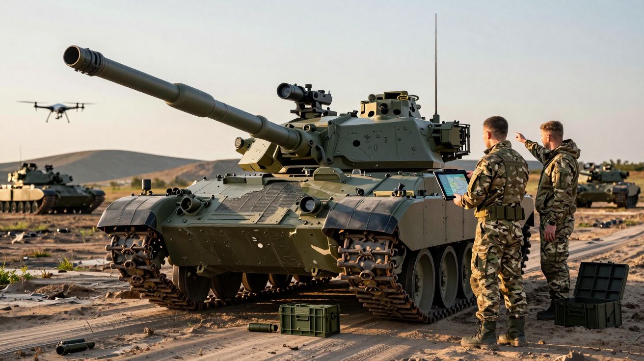 Tanque militar verde com soldados armados a operá-lo e drone a sobrevoar em terreno árido ao pôr do sol.