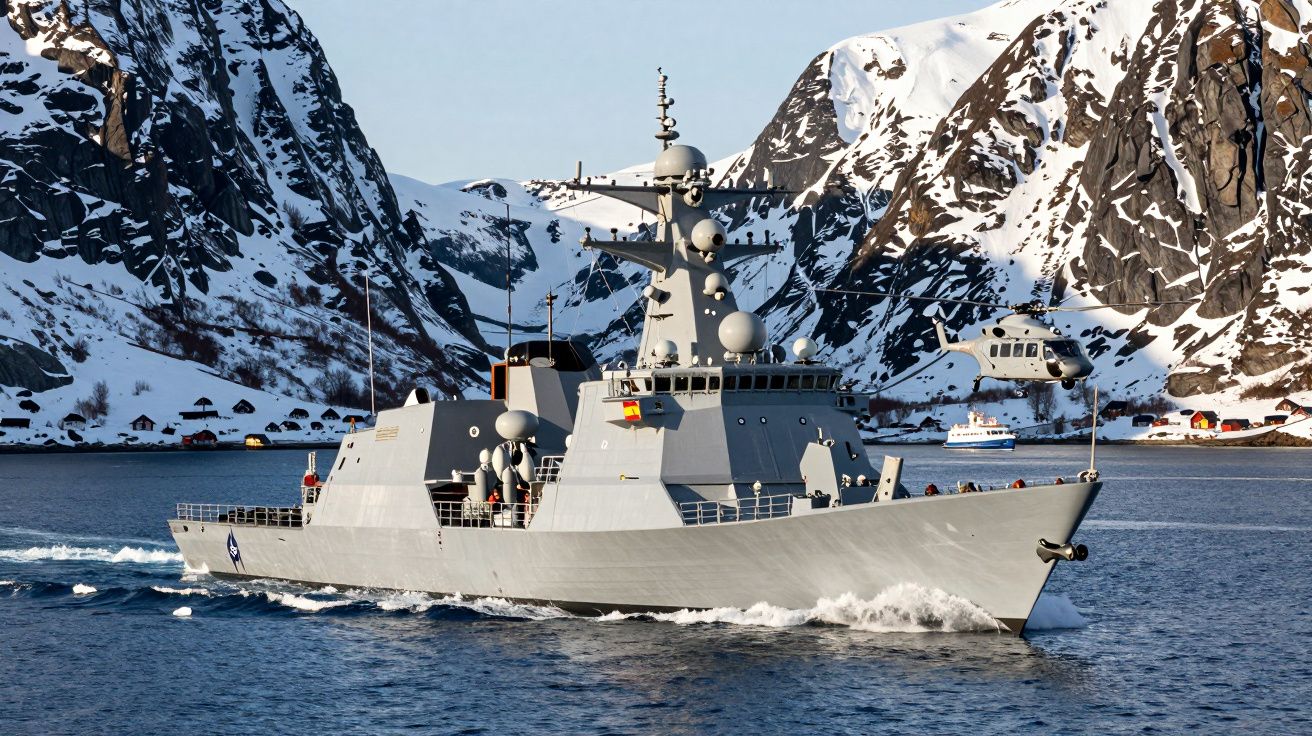 Navio de guerra cinzento a navegar em águas com montanhas nevadas ao fundo e helicóptero à direita.