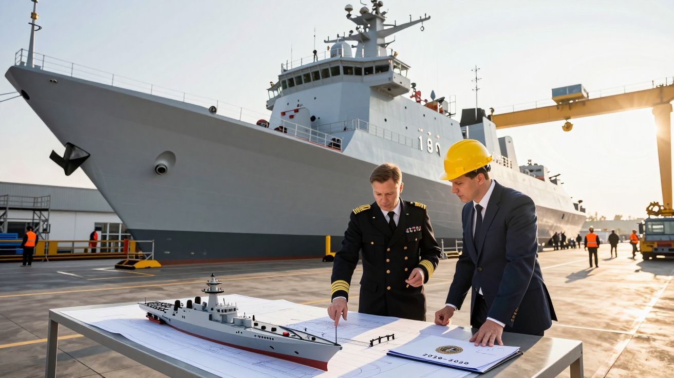 Dois homens, um de uniforme naval e outro de capacete amarelo, analisam projeto de navio militar junto a um grande navio.