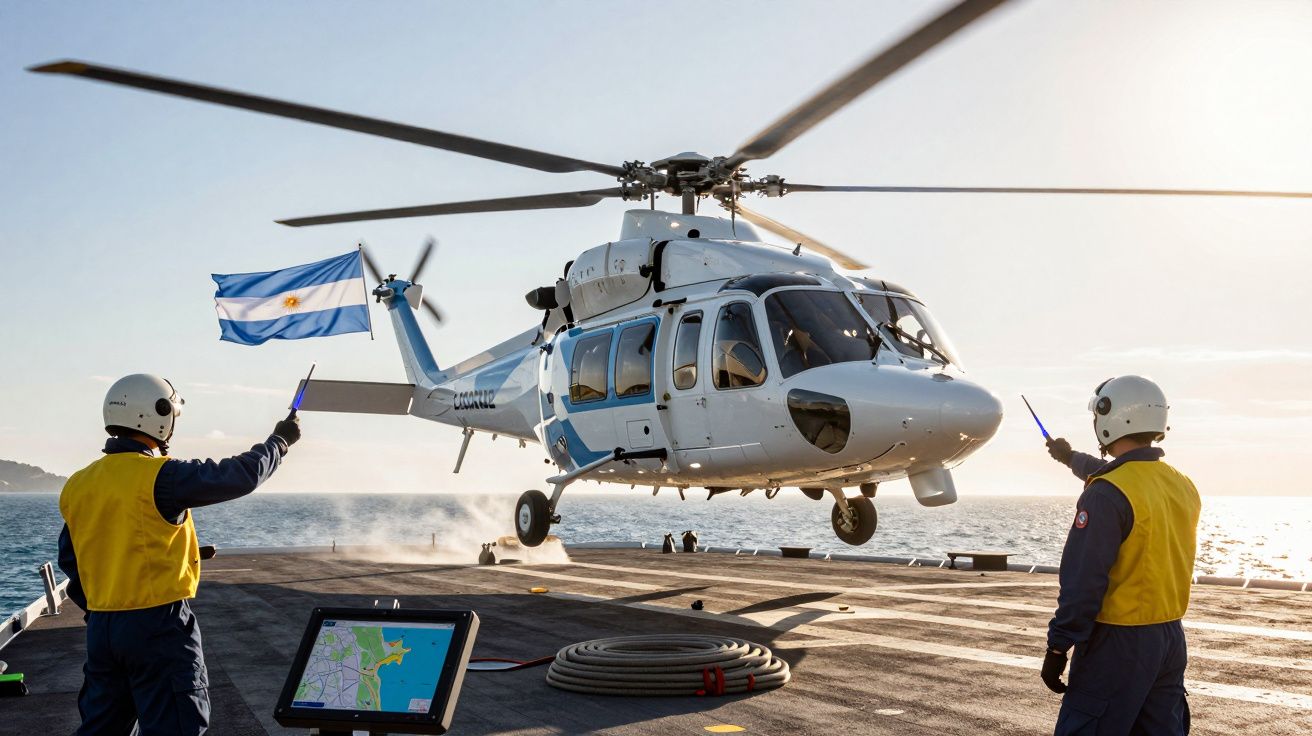 Helicóptero branco a pousar num convés de navio com dois soldados argentinos a sinalizar.