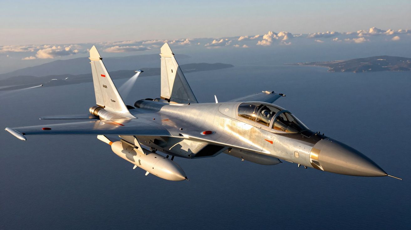 Avião militar de caça cinzento voando sobre o mar com ilhas ao fundo sob céu parcialmente nublado.