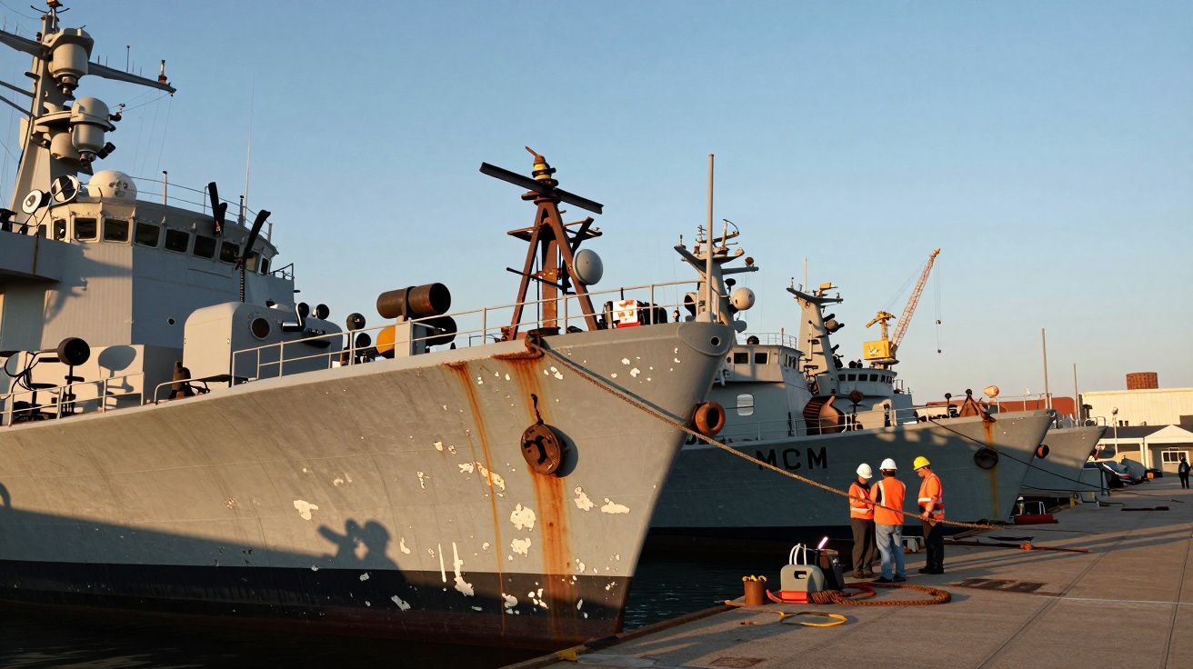 Porta-aviões cinzentos atracados e três trabalhadores de colete e capacete a discutir no cais ao entardecer.