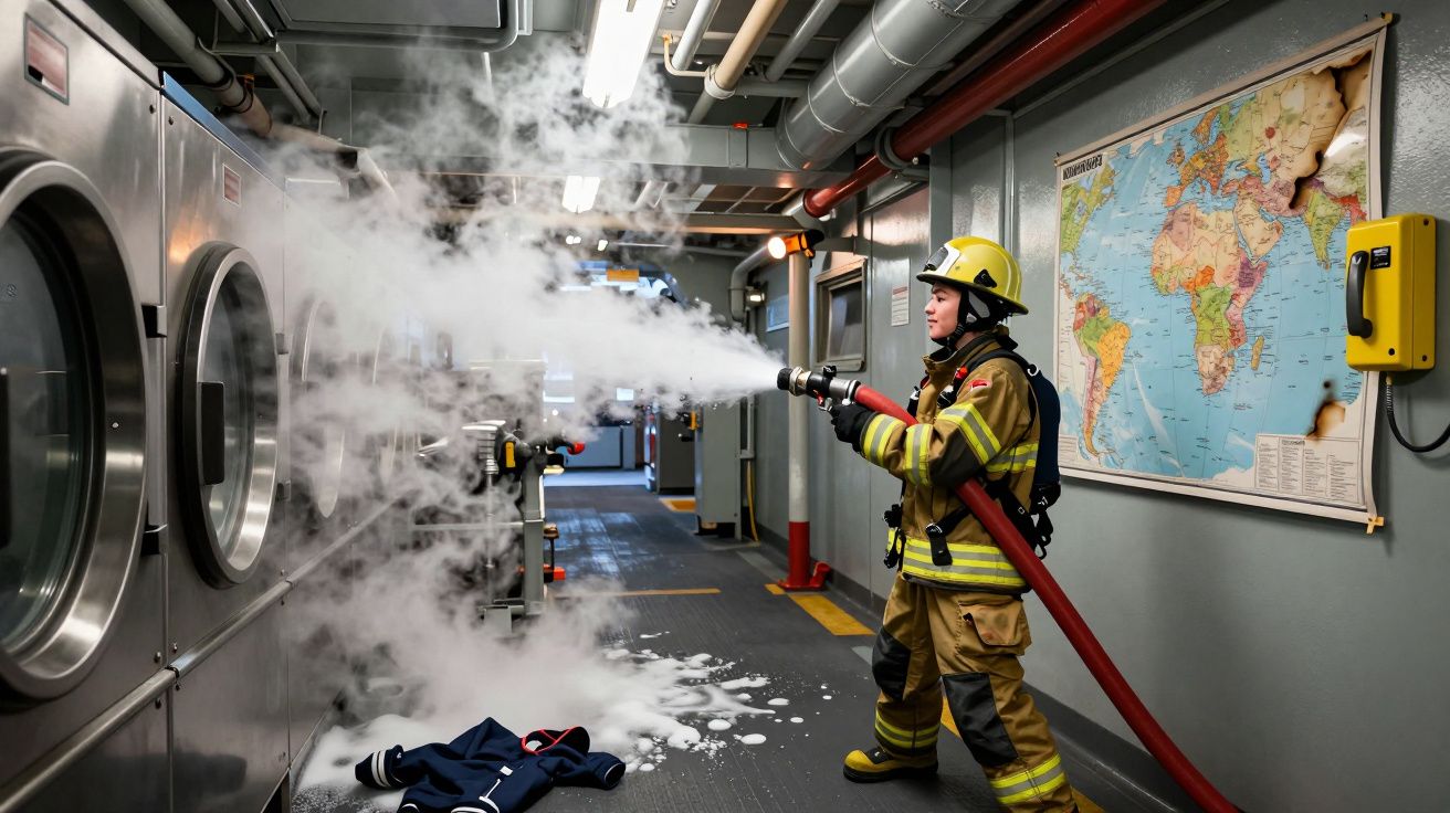 Bombeiro com equipamento a usar mangueira para apagar fogo numa lavandaria com máquinas industriais.