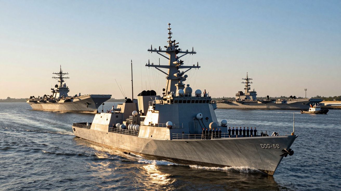 Fragatas militares a navegar em formação num mar calmo ao pôr do sol.