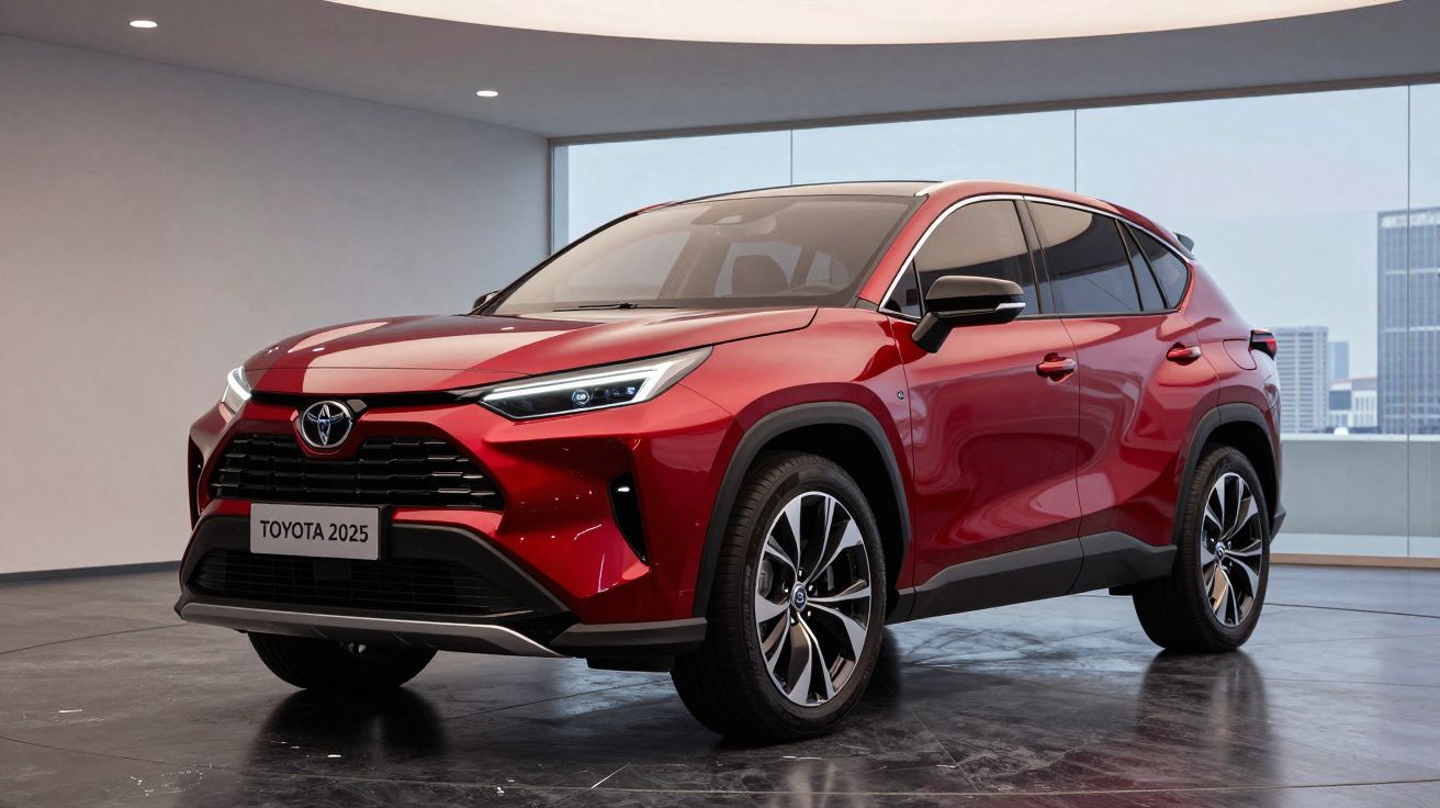 Automóvel Toyota 2025 vermelho, SUV moderno estacionado em sala com janela panorâmica.