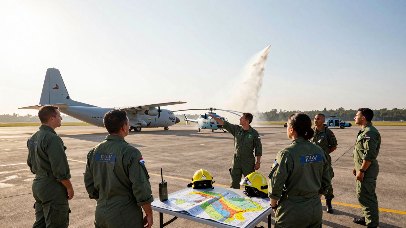Militares em uniforme verde reúnem-se junto a plano no solo, com aviões e helicóptero ao fundo em pista aérea.