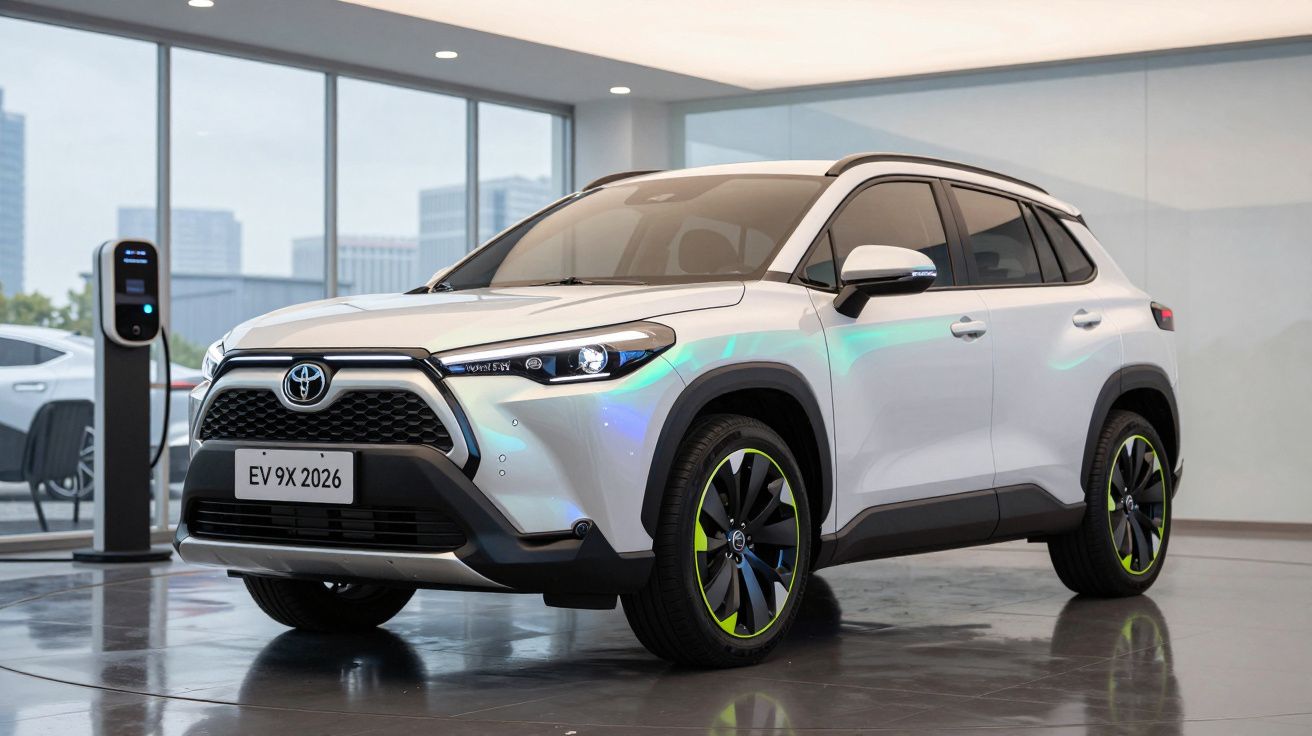 Carro elétrico Toyota SUV branco estacionado em interior moderno com carregador ao fundo.