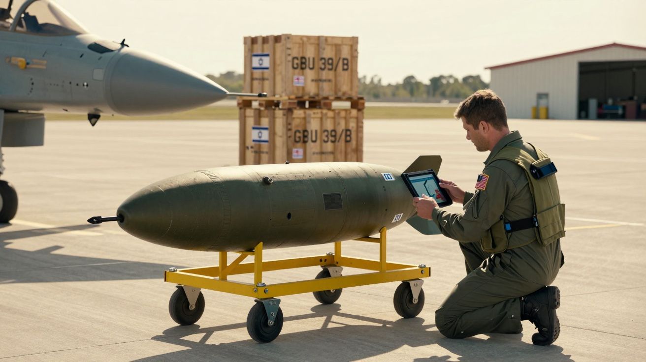 Militar de farda verifica dispositivo eletrónico junto a uma bomba militar no aeroporto.