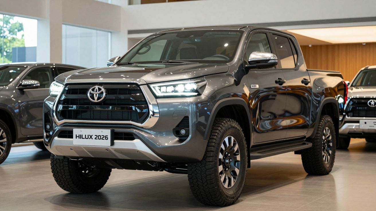 Pick-up Toyota Hilux cinza 2026 em exposição num salão de automóveis moderno.