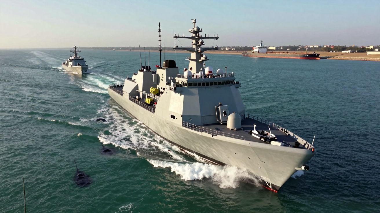 Dois navios de guerra cinzentos navegam em águas calmas próximas à costa, com um navio mercante ao fundo.