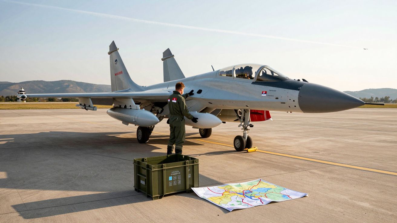 Avião de caça estacionado numa pista de voo com militar e mapa no chão durante o dia.