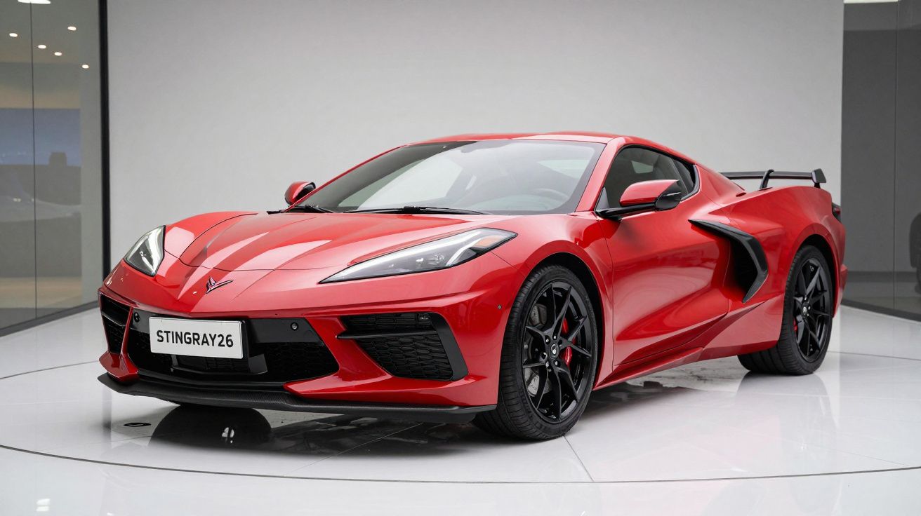 Carro desportivo vermelho Chevrolet Corvette Stingray num estúdio com fundo branco.