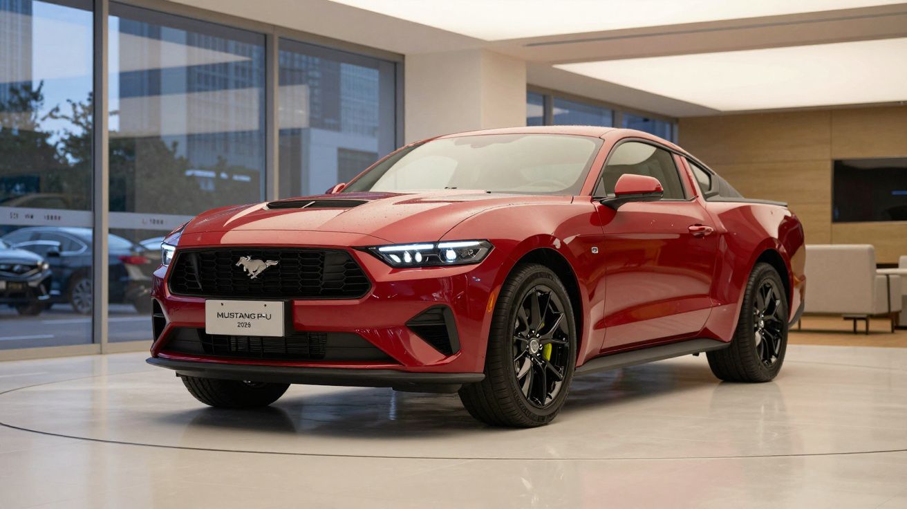 Carro desportivo Ford Mustang vermelho num showroom moderno com rodas pretas brilhantes.