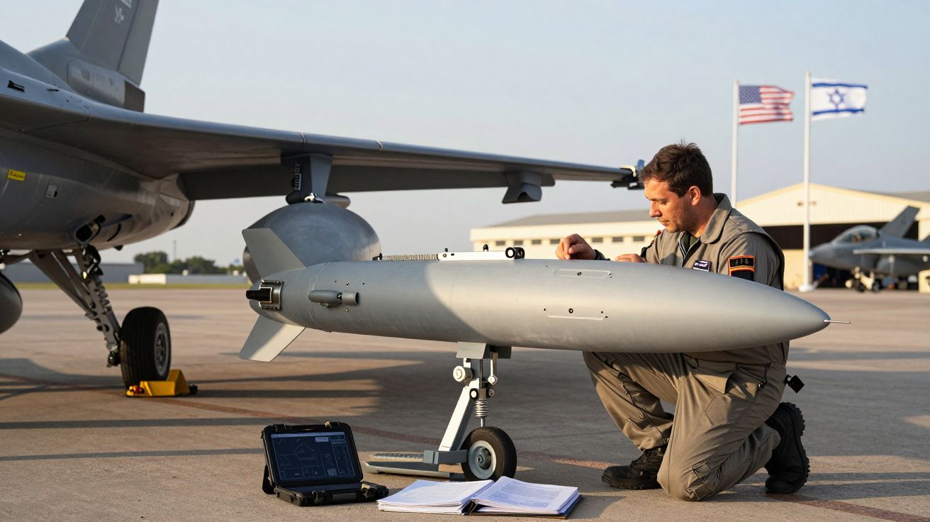 Técnico militar inspeciona mísseis junto a avião num aeroporto com bandeiras dos EUA e Israel ao fundo.