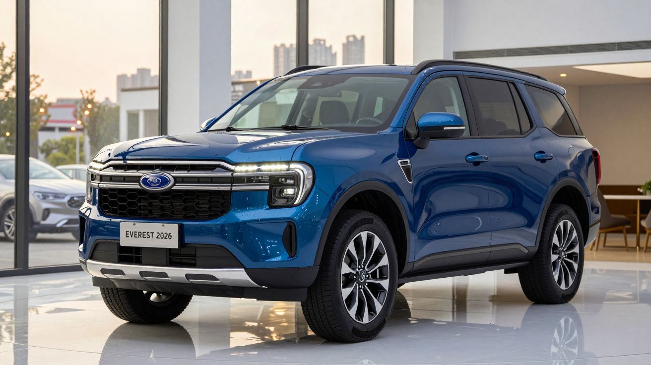 Carro SUV azul Ford Everest 2026 exposto em sala de mostra com janelas grandes e piso brilhante.