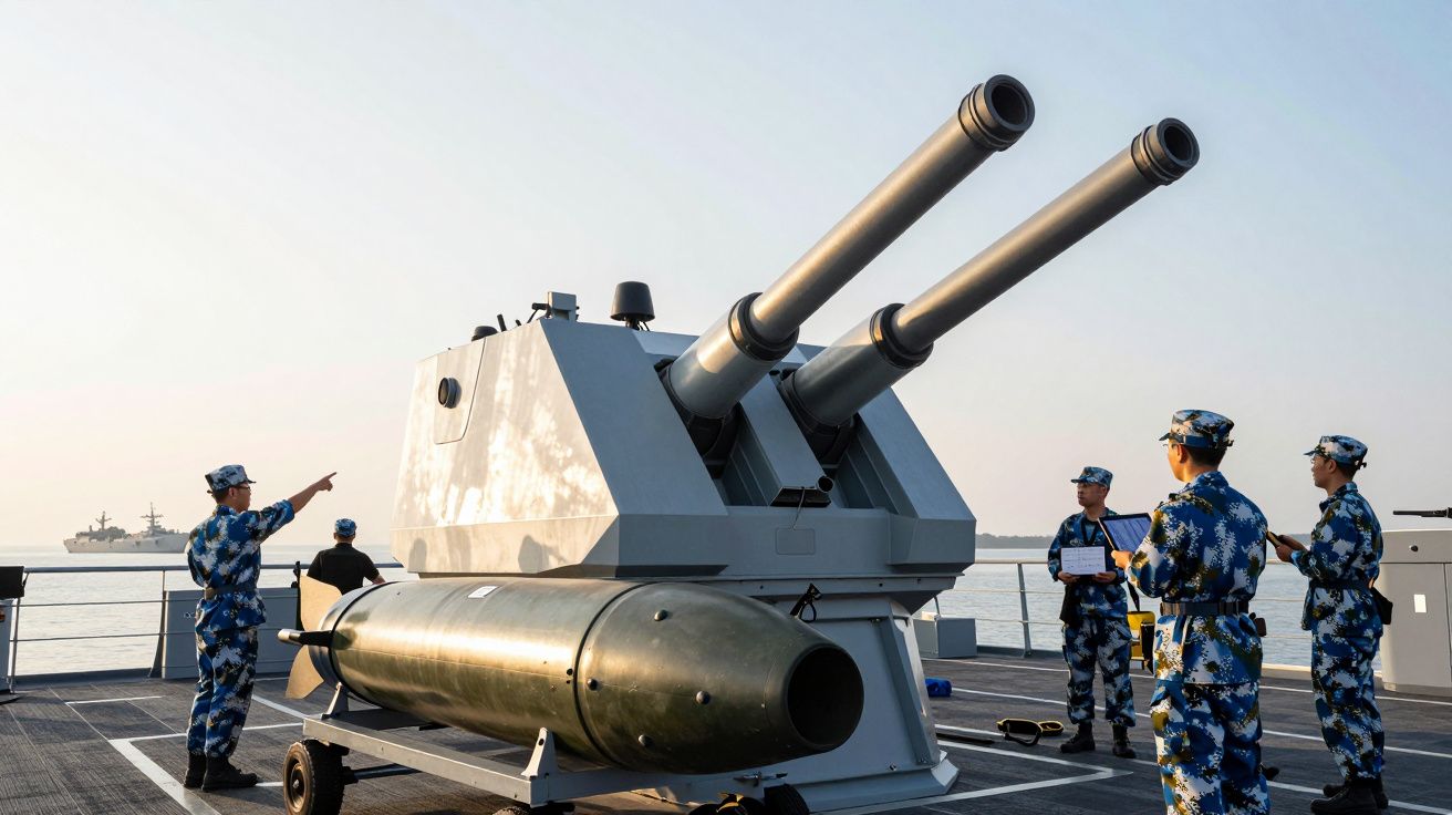Soldados em uniforme camuflado azul ao lado de canhões navais duplos num navio militar no mar.
