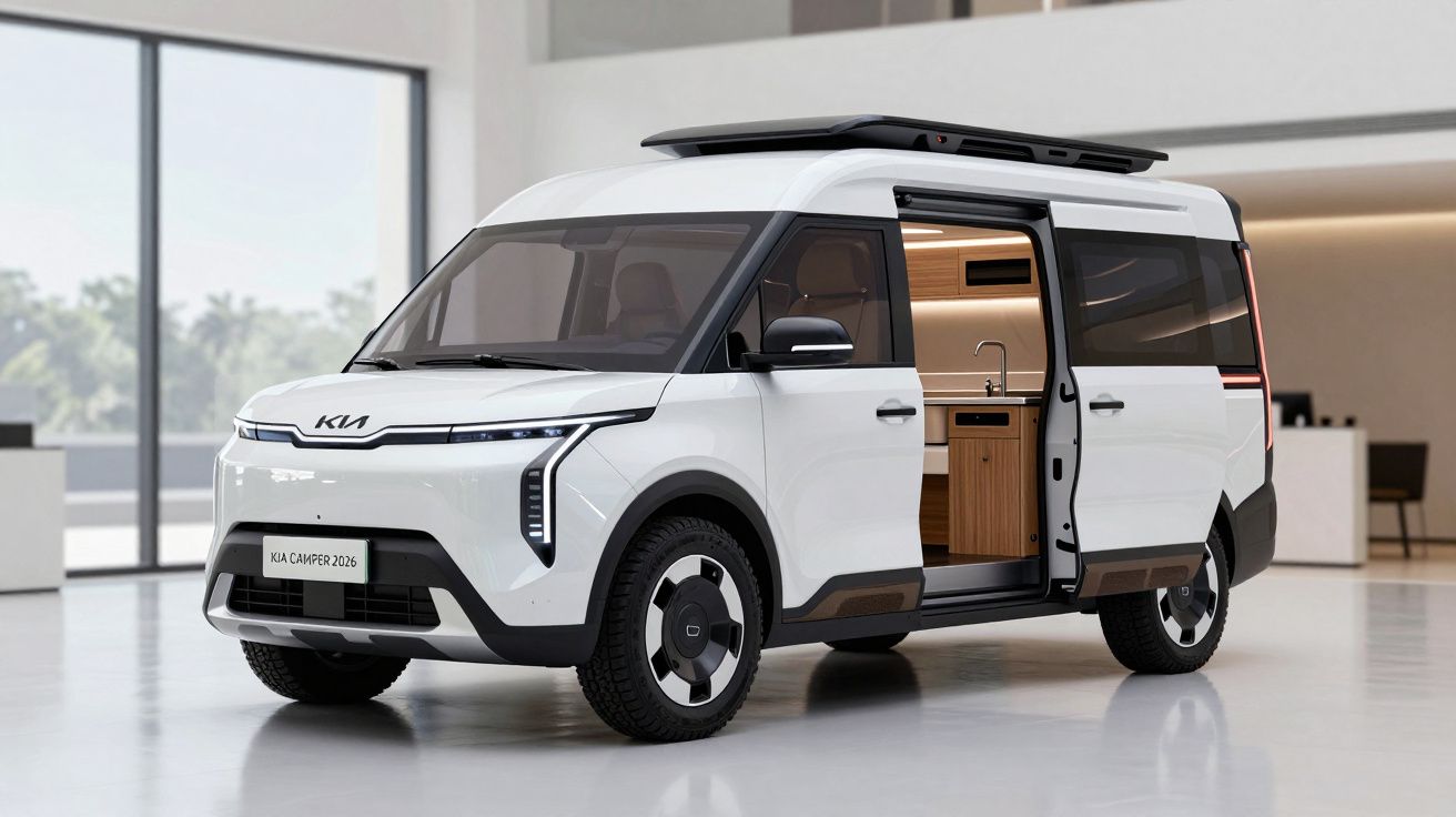 Caravana elétrica branca Kia Camper 2026 com porta lateral aberta mostrando interior em madeira.